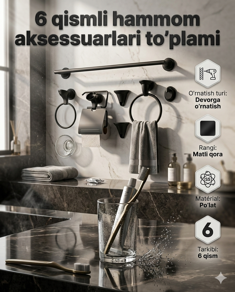 6 qismli hammom aksessuarlari to'plami